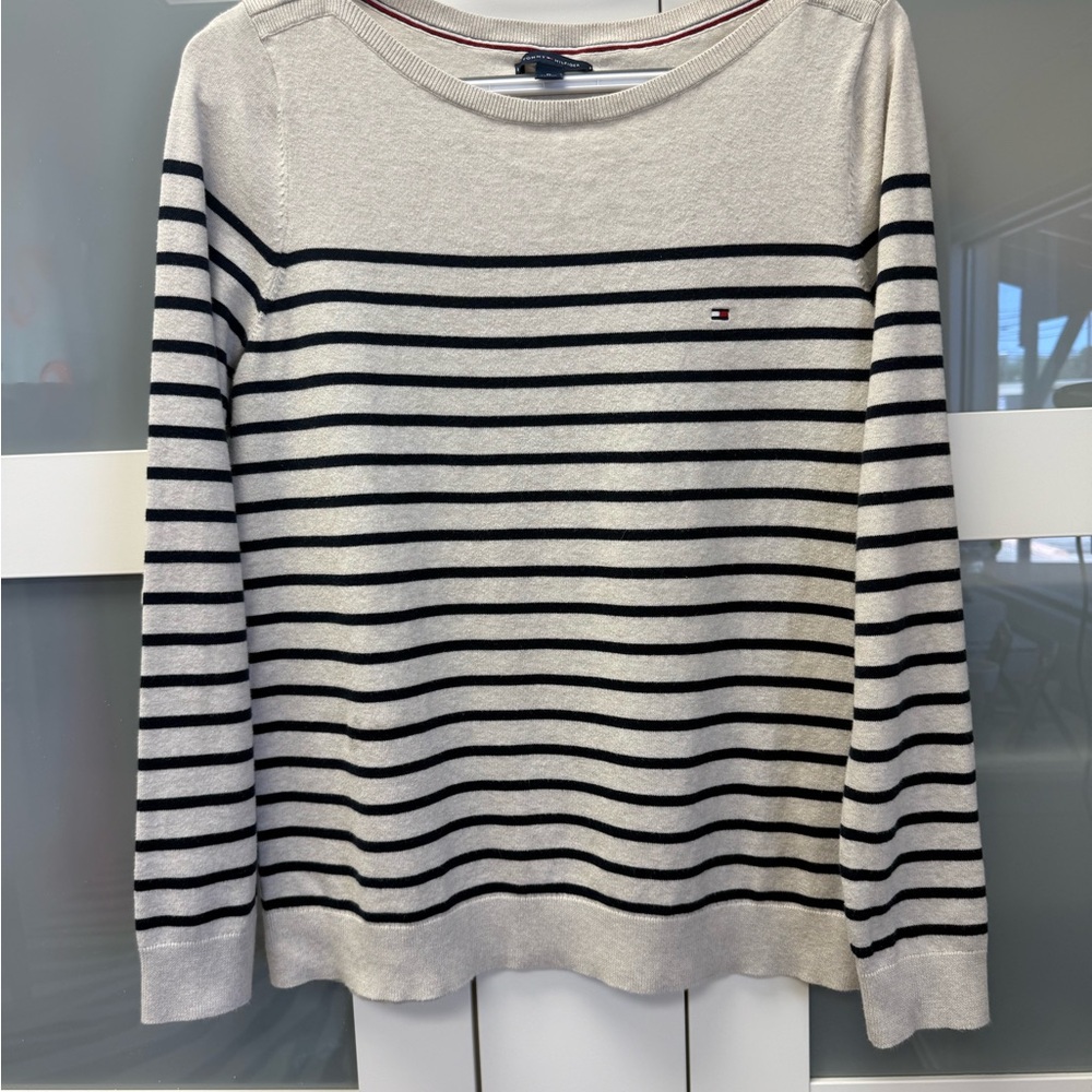 Tommy Hilfiger White and Navy Striped Boatneck Sweater